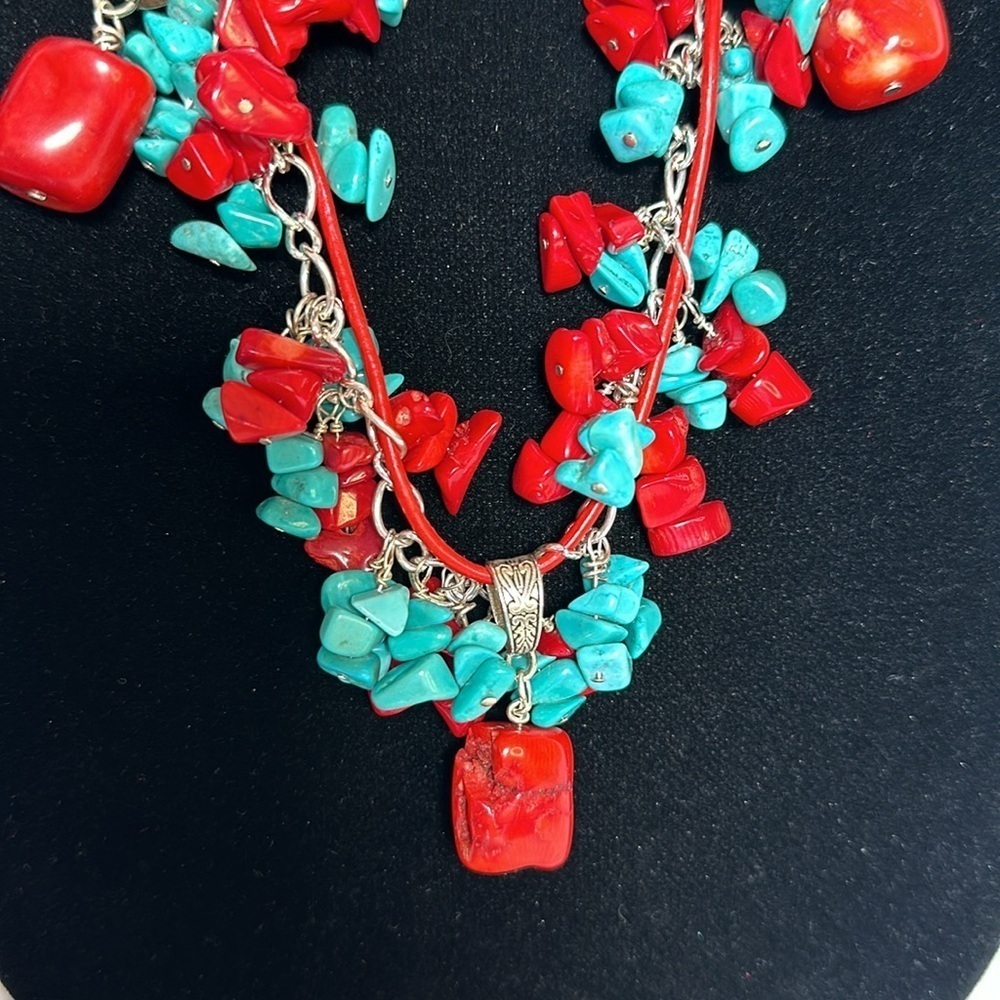 TURQUOISE CORAL Genuine Vinyl Cord & Silver Tone Chain Boho - Picture 5 of 13